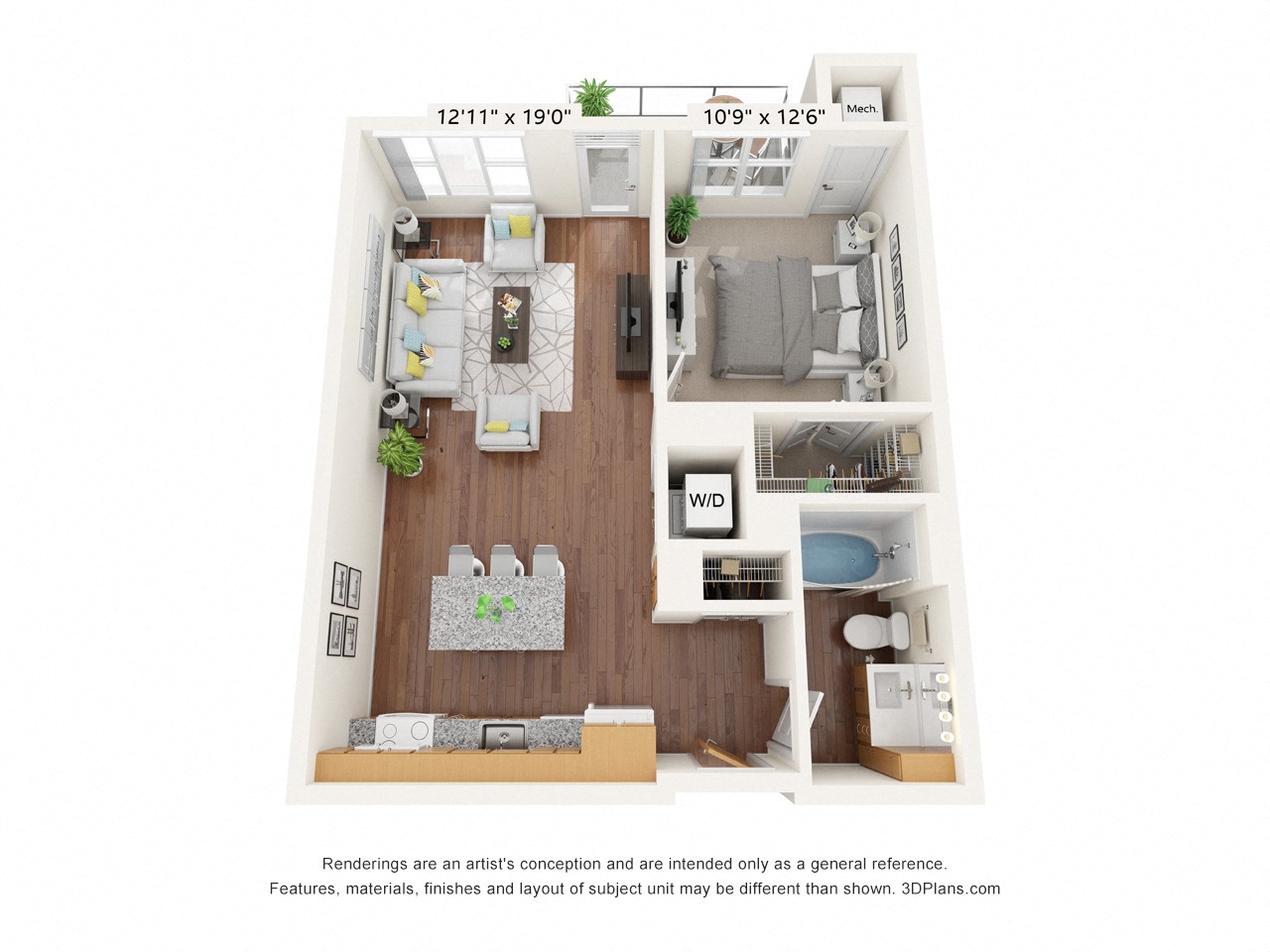 Floor plan for 1 bed, 1 bath, 723 sqft